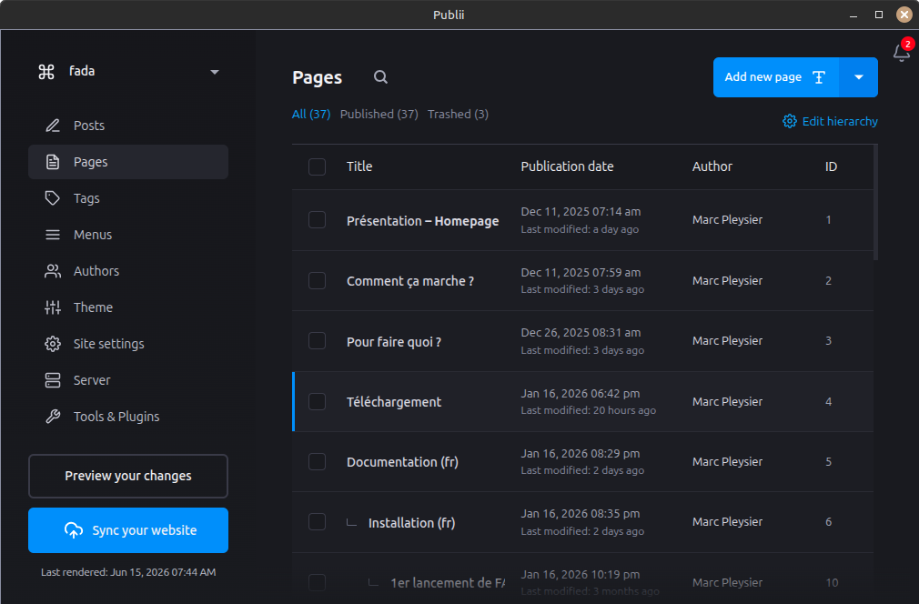 Liste des pages d'un site dans Publii