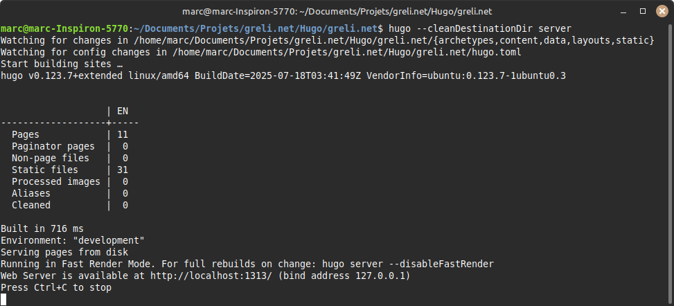Le serveur web Hugo lancé dans un terminal
