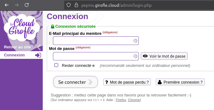 impression d'ecran de la page de connexion