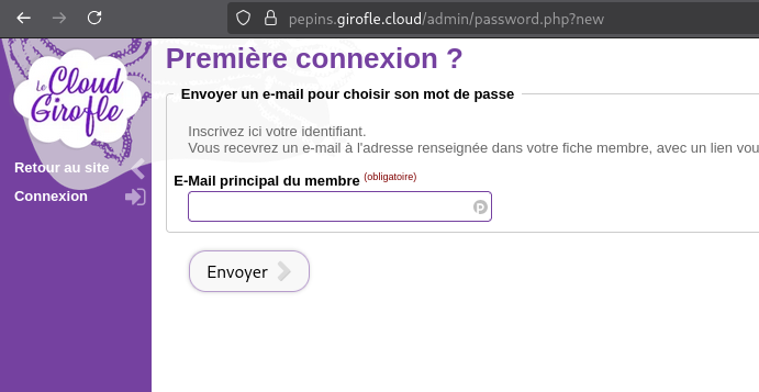 impression d'ecran de la page de première connexion